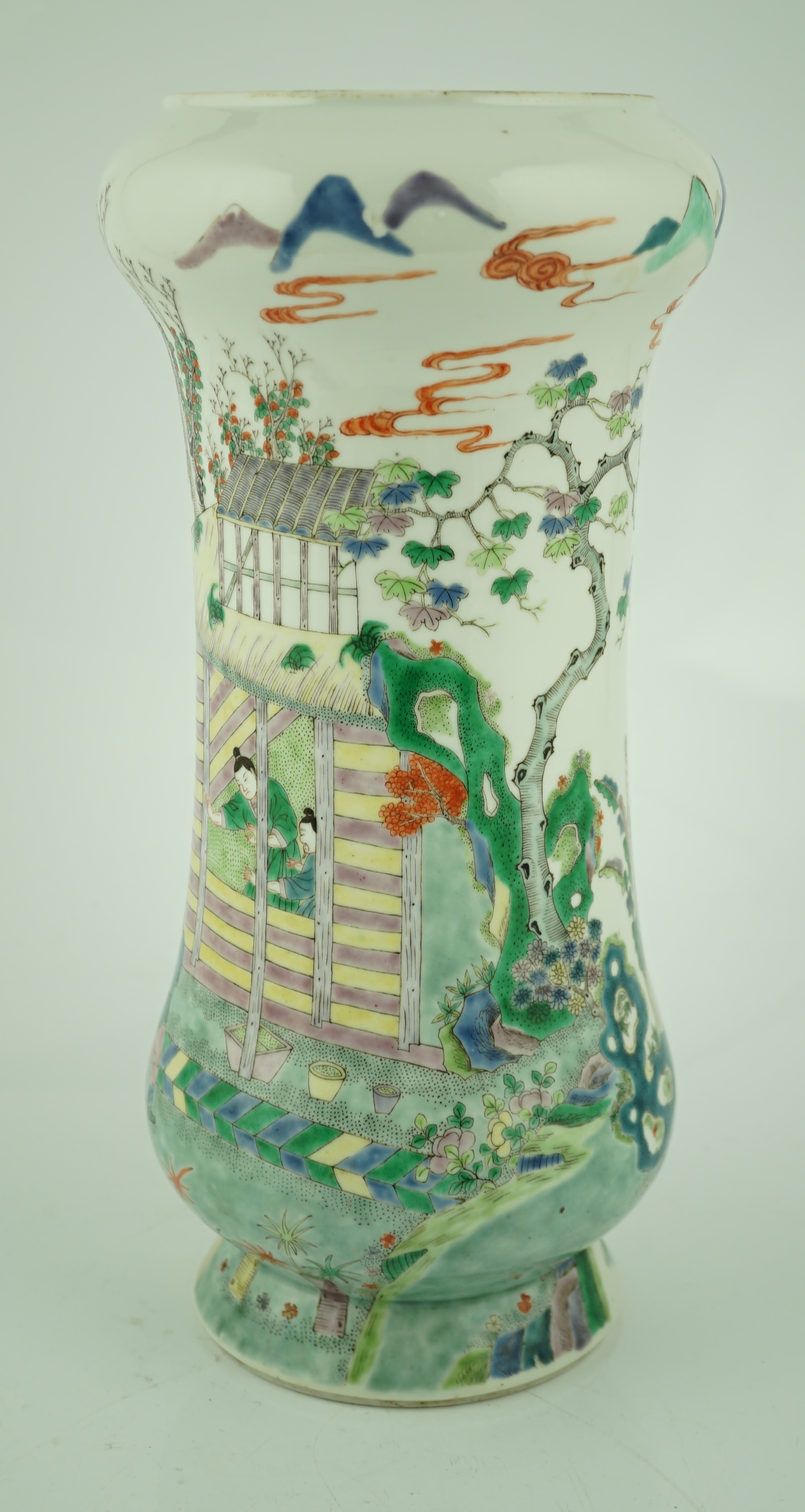 A Chinese famille verte ‘farming’ tall vase, Kangxi mark but late 19th century, crack to neck